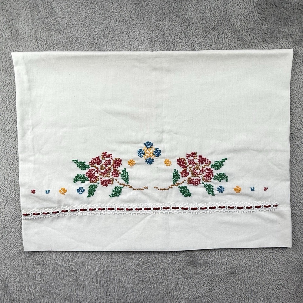 Handmade Vintage Embroidered White Pillowcase Red Roses Cross Stitch 20x29